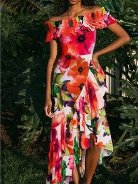 Off Shoulder Ruffled Printed One Piece Swimsuit and Skirt